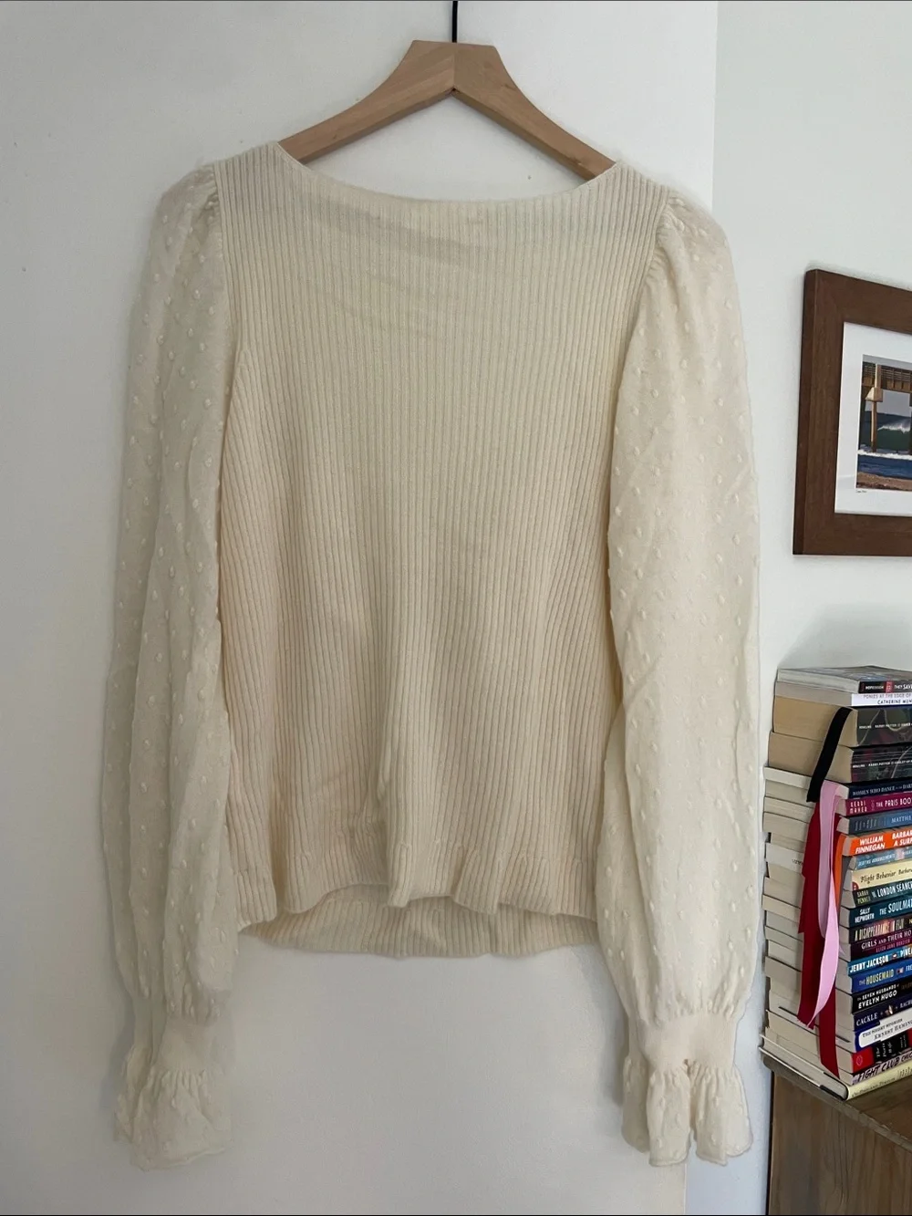 Anthropologie ~ Ivory Swiss Dot Square-Neck Long Sleeve Top